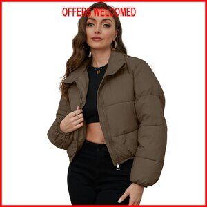 Women's Cropped Puffer Jacket Quilted Lightweight Stand Collar Full Zip